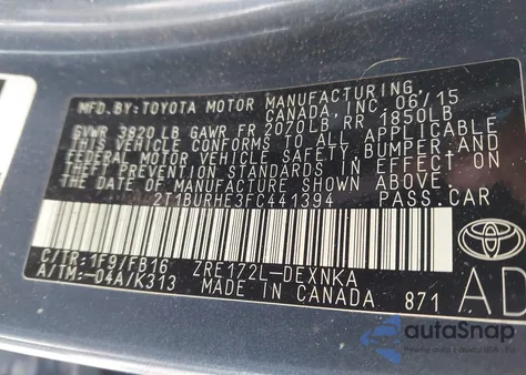 2015 Toyota Corolla Le from USA, damaged, VIN 2T1BURHE3FC441394